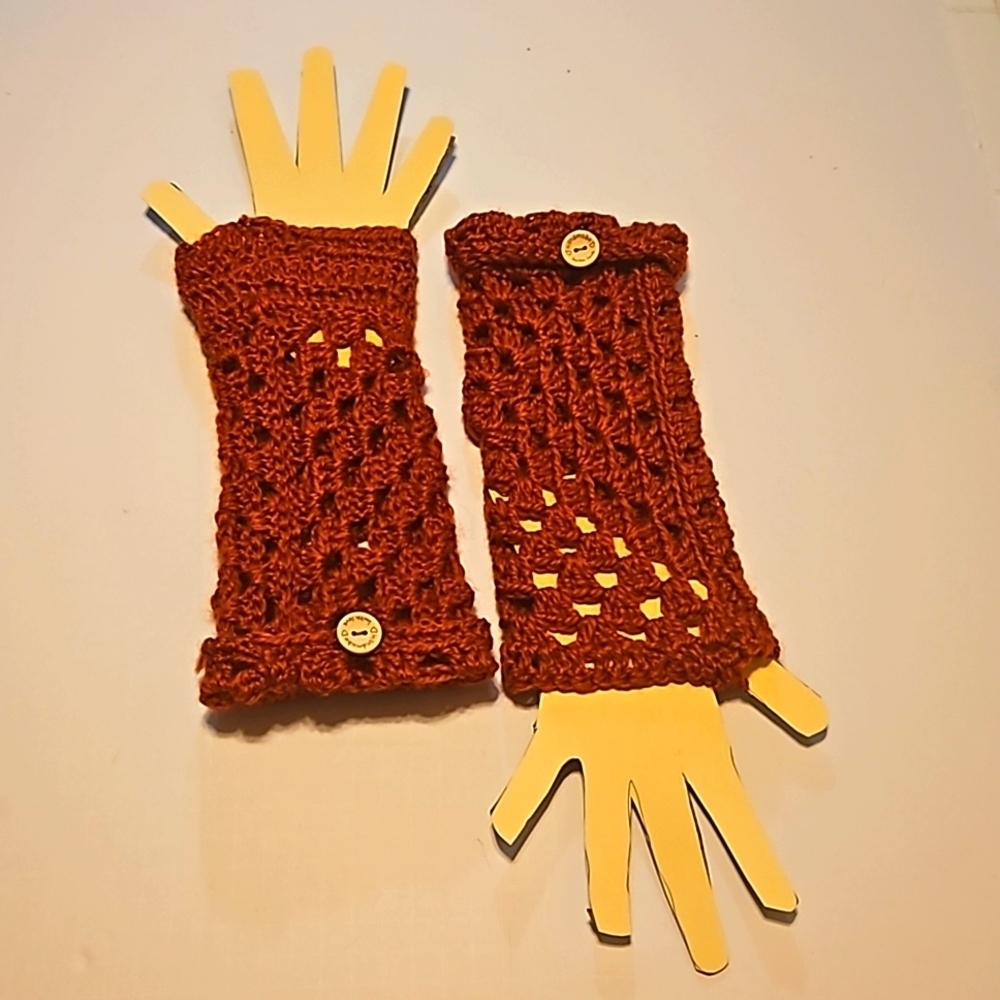Hand Crafted Hand Knit Crochet Orange Granny Square Fingerless Gloves handmade - Picture 8 of 17